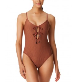 Women's Snake-Print Keyhole Tie-Front One-Piece Swimsuit Brown $38.70 Swimsuits