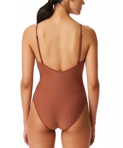 Women's Snake-Print Keyhole Tie-Front One-Piece Swimsuit Brown $38.70 Swimsuits