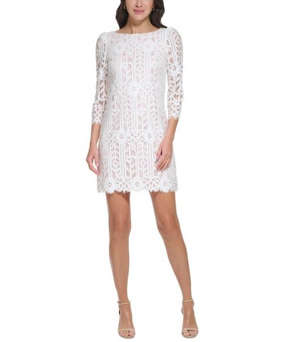 Petite Boat-Neck 3/4-Sleeve Lace Dress Ivory $40.46 Dresses