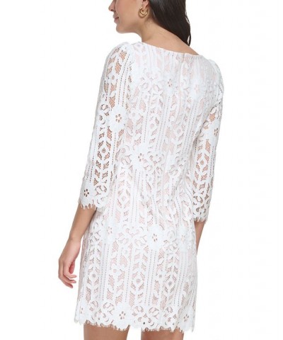 Petite Boat-Neck 3/4-Sleeve Lace Dress Ivory $40.46 Dresses