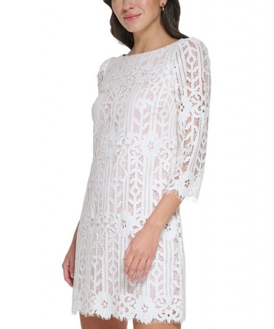 Petite Boat-Neck 3/4-Sleeve Lace Dress Ivory $40.46 Dresses