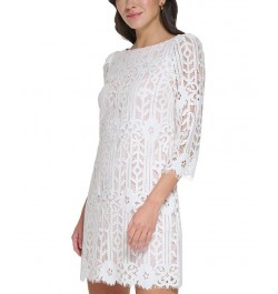 Petite Boat-Neck 3/4-Sleeve Lace Dress Ivory $40.46 Dresses