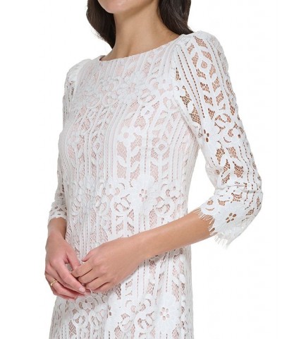 Petite Boat-Neck 3/4-Sleeve Lace Dress Ivory $40.46 Dresses