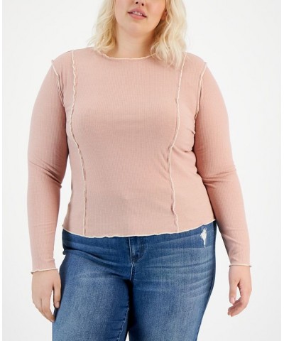 Plus Size Contrast-Stitch Long-Sleeve Knit Top Pink $13.95 Tops