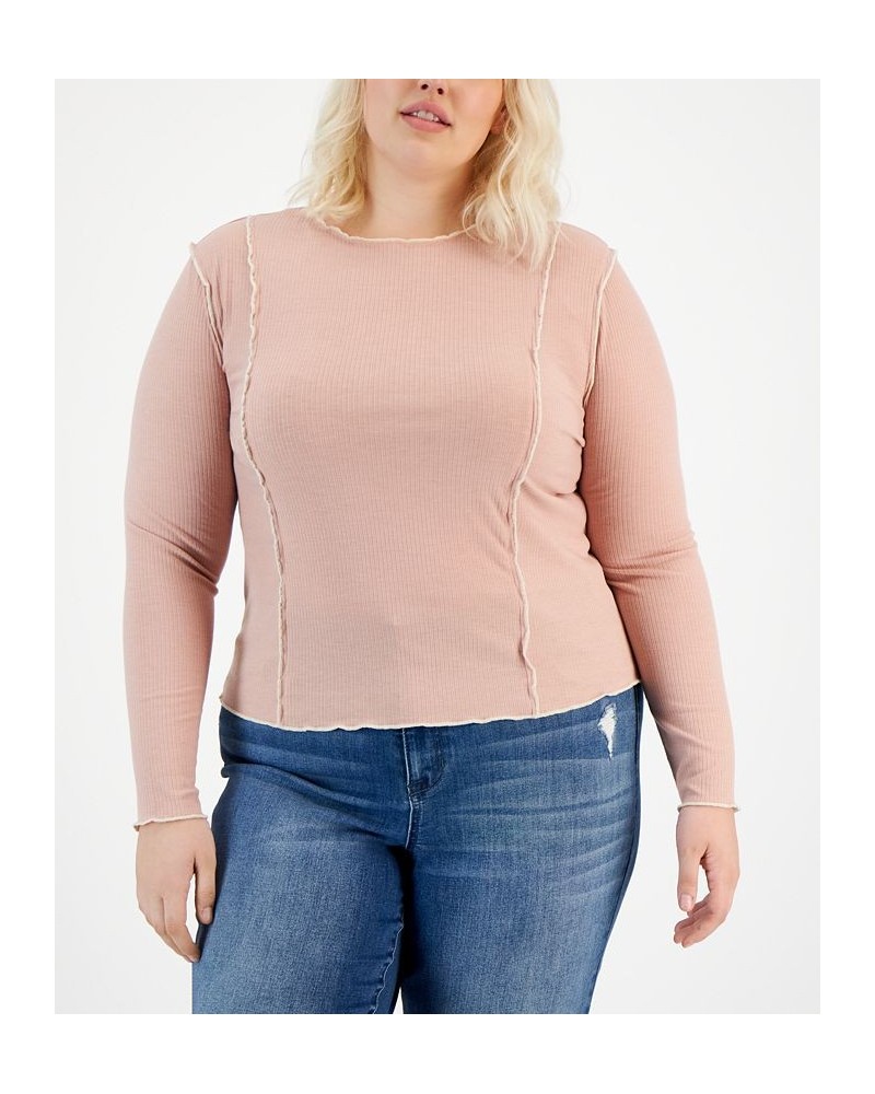 Plus Size Contrast-Stitch Long-Sleeve Knit Top Pink $13.95 Tops