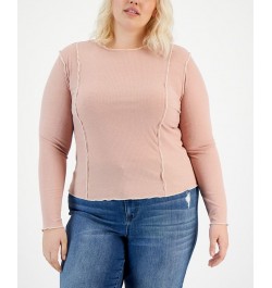 Plus Size Contrast-Stitch Long-Sleeve Knit Top Pink $13.95 Tops