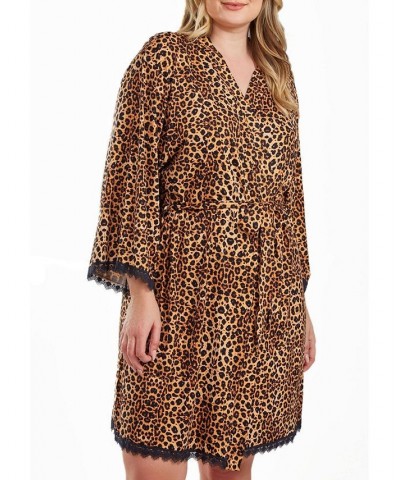 Chiya Plus Size Leopard Robe with Self Tie Sash and Lace Trimed Hemlines Leopard $39.60 Sleepwear