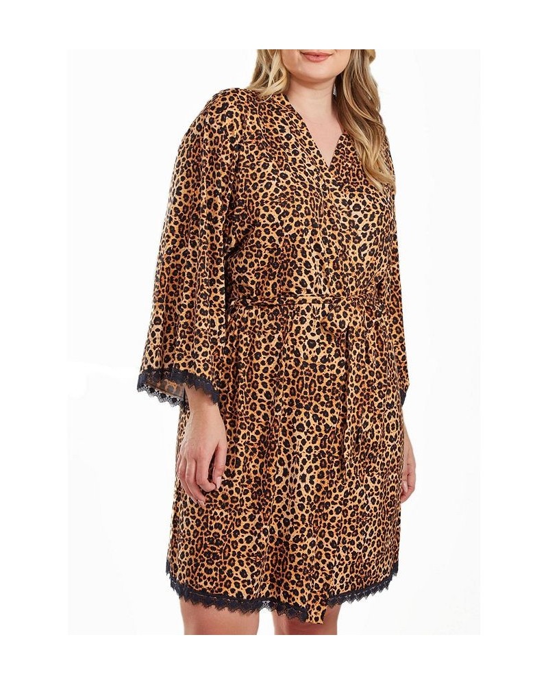 Chiya Plus Size Leopard Robe with Self Tie Sash and Lace Trimed Hemlines Leopard $39.60 Sleepwear