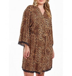 Chiya Plus Size Leopard Robe with Self Tie Sash and Lace Trimed Hemlines Leopard $39.60 Sleepwear