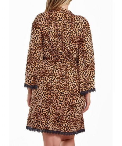 Chiya Plus Size Leopard Robe with Self Tie Sash and Lace Trimed Hemlines Leopard $39.60 Sleepwear