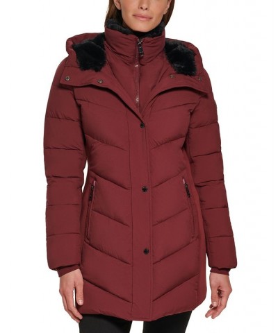 Women's Faux-Fur-Lined Hooded Puffer Coat Red $88.80 Coats