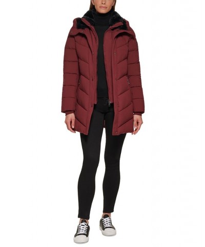 Women's Faux-Fur-Lined Hooded Puffer Coat Red $88.80 Coats