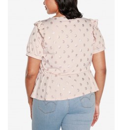 Black Label Plus Size Paisley Print Short Sleeve Peplum Ruffle Top Pink $31.90 Tops