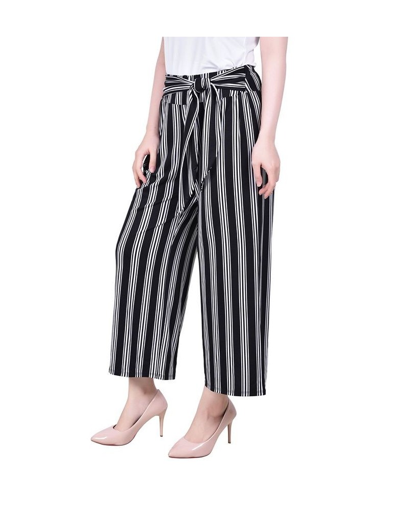 Petite Cropped Pull On Pants with Sash Black-White $15.36 Pants