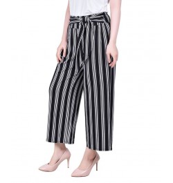 Petite Cropped Pull On Pants with Sash Black-White $15.36 Pants