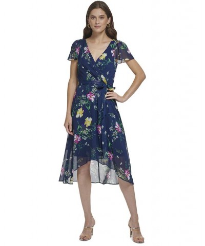 Floral-Print Flutter-Sleeve Asymmetrical Faux-Wrap Dress Navy Multi $58.38 Dresses