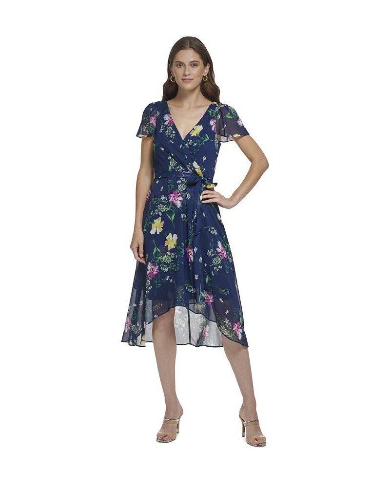 Floral-Print Flutter-Sleeve Asymmetrical Faux-Wrap Dress Navy Multi $58.38 Dresses