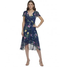 Floral-Print Flutter-Sleeve Asymmetrical Faux-Wrap Dress Navy Multi $58.38 Dresses