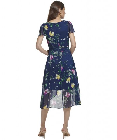 Floral-Print Flutter-Sleeve Asymmetrical Faux-Wrap Dress Navy Multi $58.38 Dresses