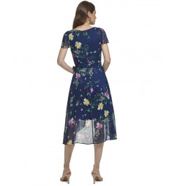 Floral-Print Flutter-Sleeve Asymmetrical Faux-Wrap Dress Navy Multi $58.38 Dresses