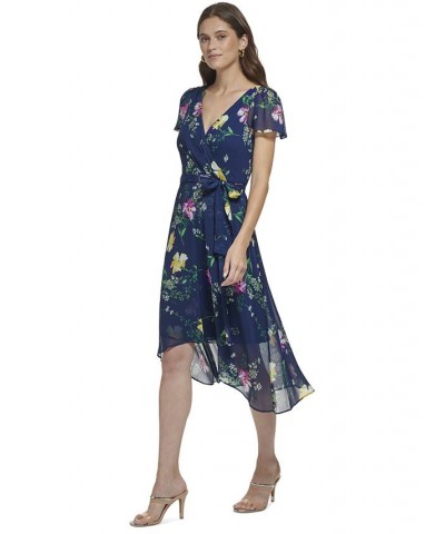 Floral-Print Flutter-Sleeve Asymmetrical Faux-Wrap Dress Navy Multi $58.38 Dresses