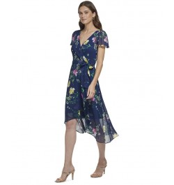 Floral-Print Flutter-Sleeve Asymmetrical Faux-Wrap Dress Navy Multi $58.38 Dresses