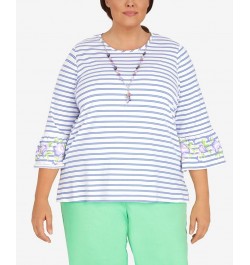 Plus Size Striped Bell Sleeve Top with Necklace Purple $31.61 Tops