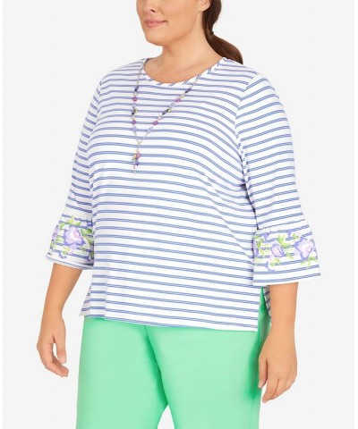 Plus Size Striped Bell Sleeve Top with Necklace Purple $31.61 Tops