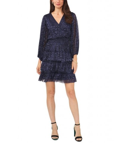 Women's V-Neck Long-Sleeve Tiered Fit & Flare Dress Navy $45.54 Dresses