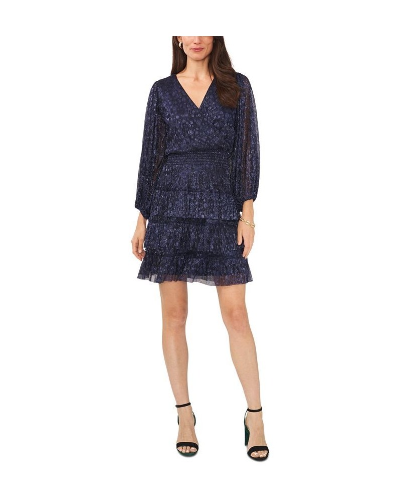 Women's V-Neck Long-Sleeve Tiered Fit & Flare Dress Navy $45.54 Dresses