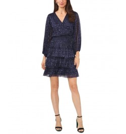 Women's V-Neck Long-Sleeve Tiered Fit & Flare Dress Navy $45.54 Dresses