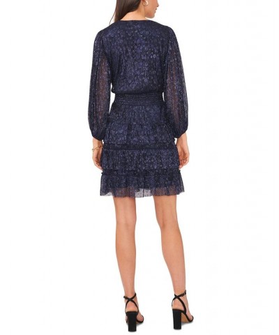 Women's V-Neck Long-Sleeve Tiered Fit & Flare Dress Navy $45.54 Dresses