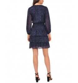 Women's V-Neck Long-Sleeve Tiered Fit & Flare Dress Navy $45.54 Dresses