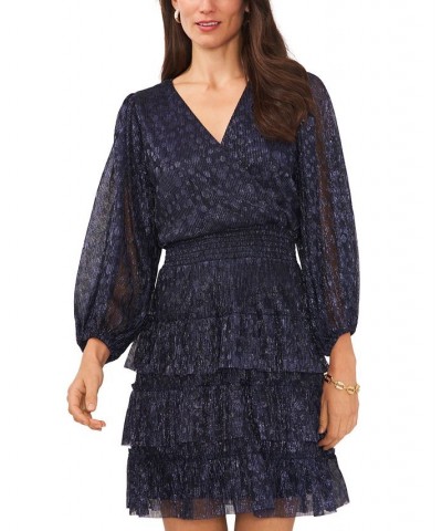 Women's V-Neck Long-Sleeve Tiered Fit & Flare Dress Navy $45.54 Dresses