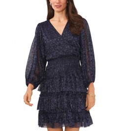 Women's V-Neck Long-Sleeve Tiered Fit & Flare Dress Navy $45.54 Dresses