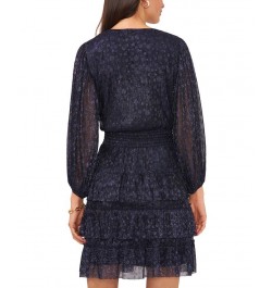 Women's V-Neck Long-Sleeve Tiered Fit & Flare Dress Navy $45.54 Dresses