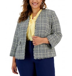 Plus Size Tweed Fringe-Trim Open-Front Blazer Pale Yellow Multi $48.71 Jackets