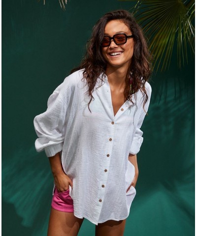 Juniors' Mellow Morning Cotton Button-Front Shirt Snow White $33.60 Tops