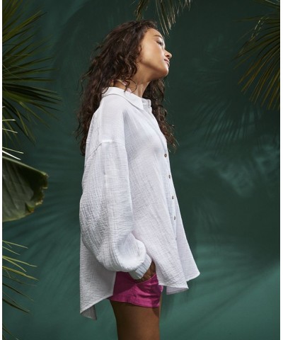 Juniors' Mellow Morning Cotton Button-Front Shirt Snow White $33.60 Tops