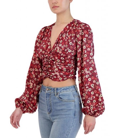 Women's Cropped Floral Shirred Top White $30.77 Tops