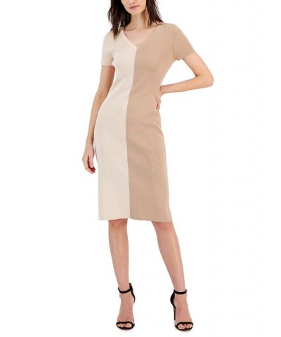 Women's Colorblocked Ribbed Sweater Dress Tan/Beige $37.00 Dresses