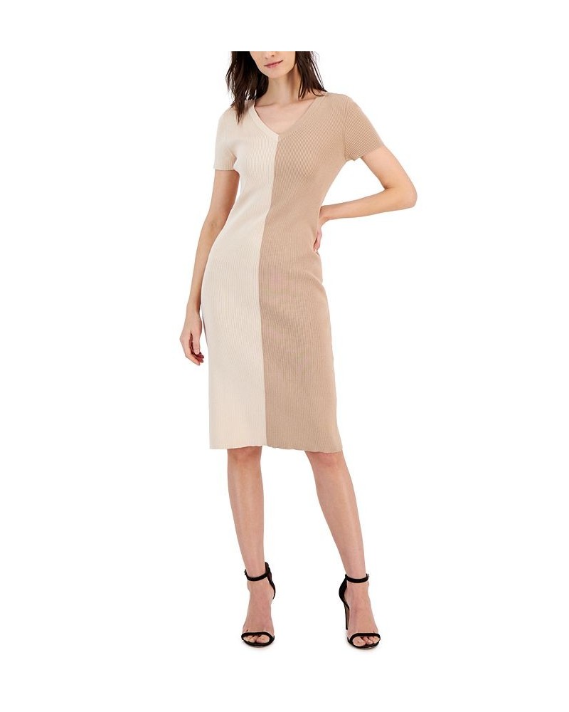 Women's Colorblocked Ribbed Sweater Dress Tan/Beige $37.00 Dresses