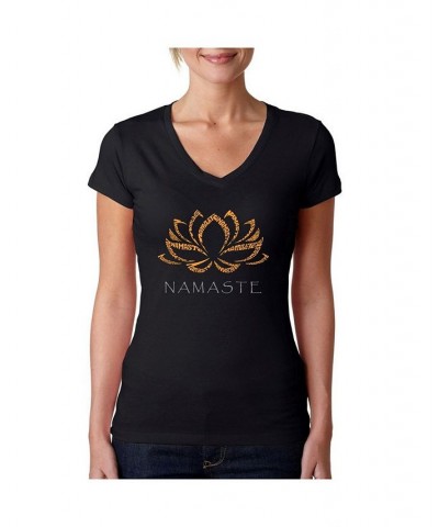 Women's V-Neck T-Shirt with Namaste Word Art Black $17.15 Tops
