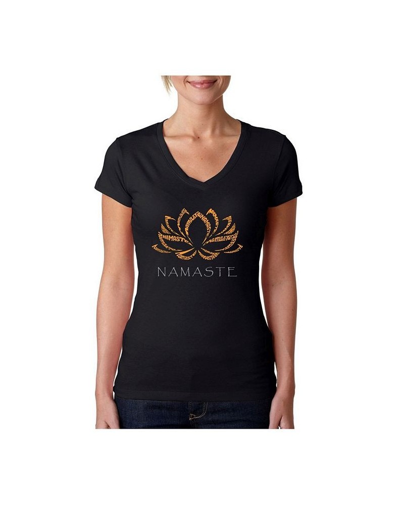 Women's V-Neck T-Shirt with Namaste Word Art Black $17.15 Tops