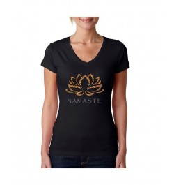 Women's V-Neck T-Shirt with Namaste Word Art Black $17.15 Tops