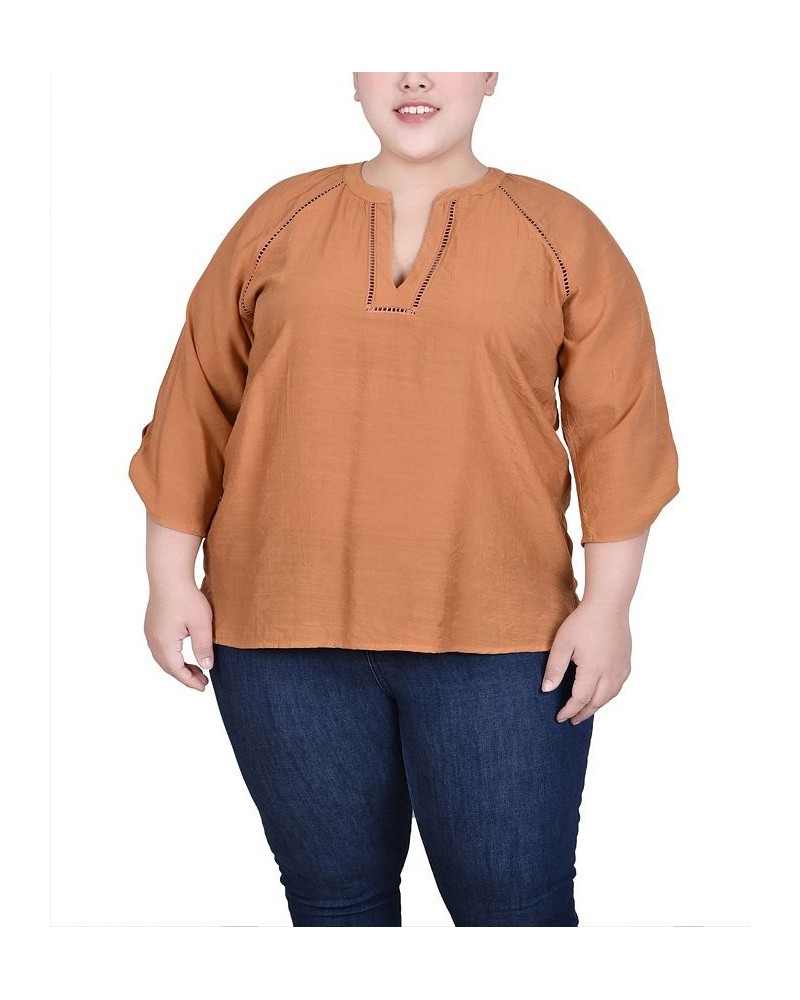 Plus Size Raglan Sleeve Split Neck Blouse Brown $14.02 Tops