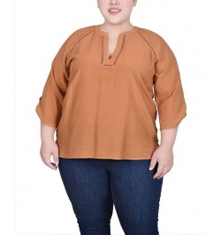 Plus Size Raglan Sleeve Split Neck Blouse Brown $14.02 Tops