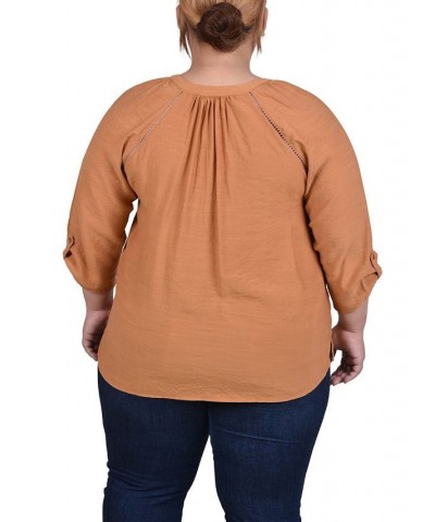 Plus Size Raglan Sleeve Split Neck Blouse Brown $14.02 Tops