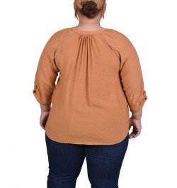 Plus Size Raglan Sleeve Split Neck Blouse Brown $14.02 Tops