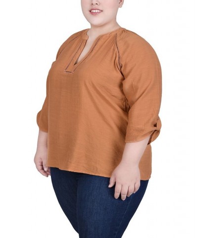 Plus Size Raglan Sleeve Split Neck Blouse Brown $14.02 Tops